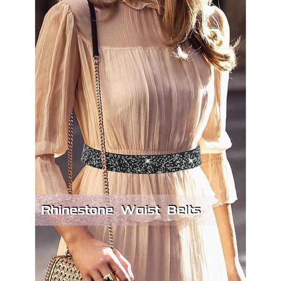 Sparkly Stretch Rhinestone Belt Crystal Black Cinch Belts Elastic Sequin🦎 - Picture 6 of 7